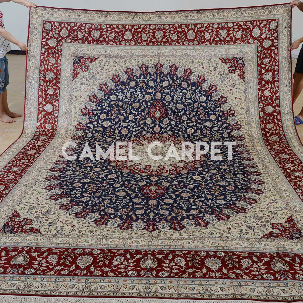 Handmade Pure Silk Blue and Red Persian Rug